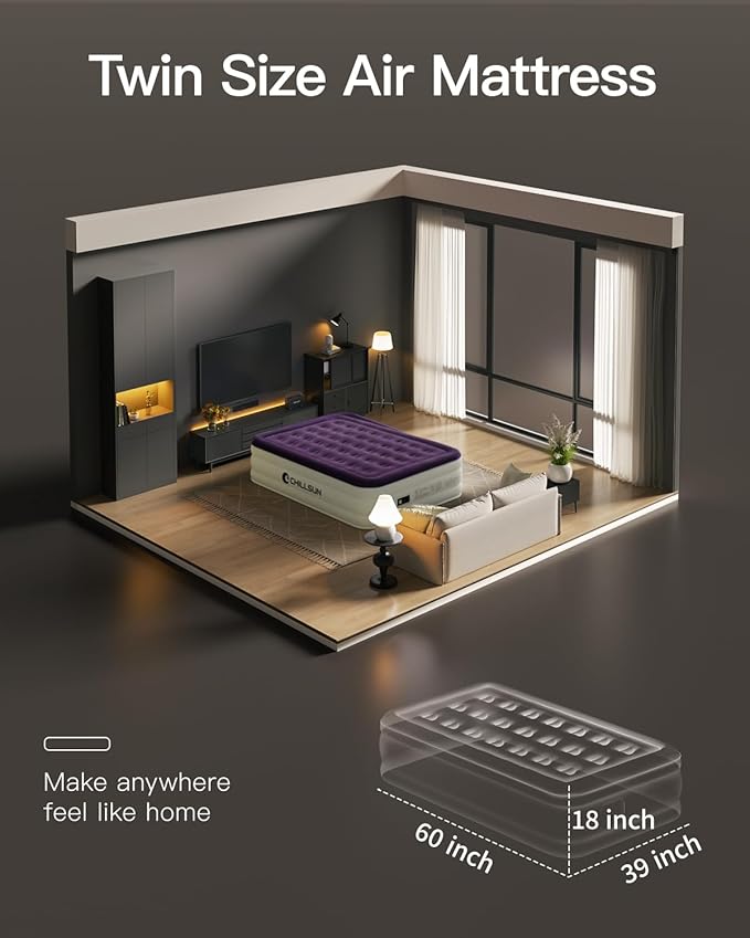 CHILLSUN Twin Air Mattress Inflatable Airbed with Built in Pump, 3 Mins Quick Self-Inflation, Comfortable Top Surface Blow Up Bed for Home Portable Camping Travel, 75x39x18'', 550 lb MAX