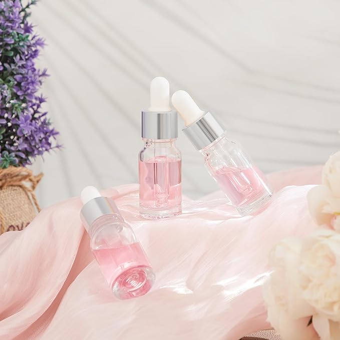 100 Pcs Mini Glass Oil Dropper Bottle Bulk, Clear Essential Small Empty Bottles Sample Containers Perfume Liquid Vials with Cap for Traveling (10 ml,Silver)
