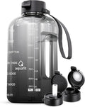 AQUAFIT Half Gallon Water Bottle with Time Marker - Straw & Chug Lid - BPA Free Gym Water Bottle with Straw - Big Gallon Jug (Midnight Gray, 64 oz - 2 Lids)