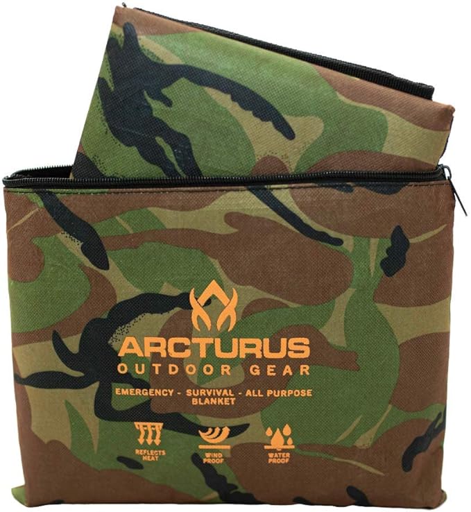 Arcturus Insulated Tarp, Reusable Heavy Duty Thermal Survival Blanket – 60x82in, Reflects 90% Body Heat, Waterproof, Windproof, 3-Layer Design, Reinforced Grommets, Woodland Camo