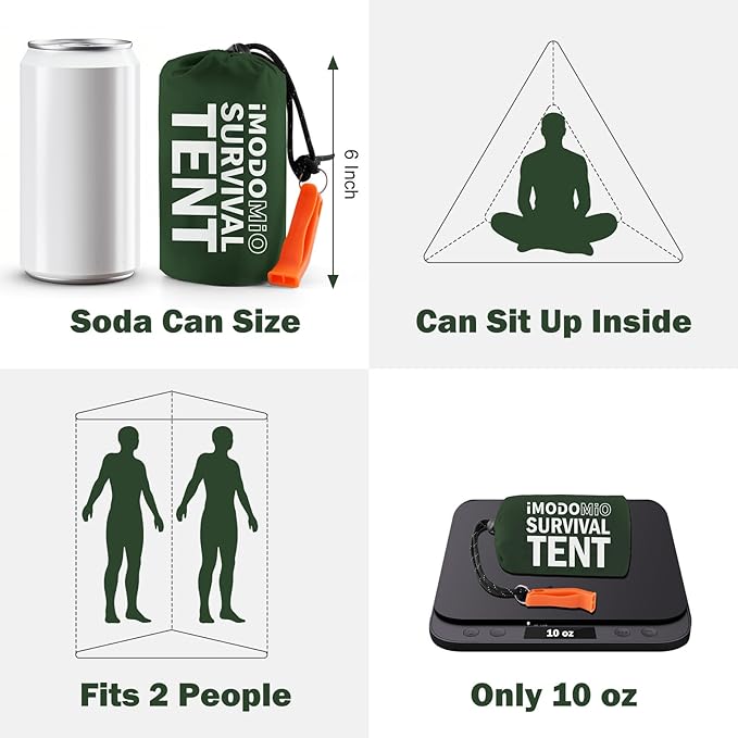 Emergency Survival Tent Life Shelter - 2 Person Mylar Emergency Shelter Tube Tent with Emergency Whistle & Paracord, All-Weather Essential Survival Gear for Camping, Hiking & Survival Kits
