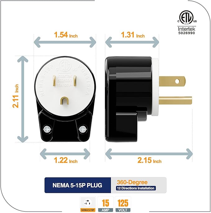 ETL Listed 90 Degree USA Canada Male Plug Nema 5-15P 3 Pole Angle DIY, 15A 125V USA 3Pin Right Angle AC Plug, Nema 5-15P Angled Rewireable
