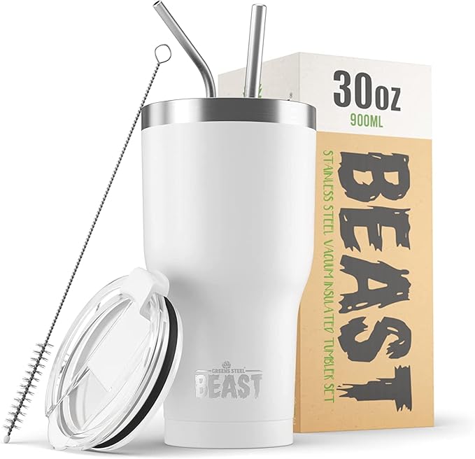 BEAST Insulated Coffee Mug – 900 ml I Arctic White I Stainless Steel I Reusable, Insulated Cups I 2 Straws and Cleaning Brush, Double Walled Travel Coffee Thermos I Hot or Iced Coffee