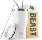 BEAST Insulated Coffee Mug – 900 ml I Arctic White I Stainless Steel I Reusable, Insulated Cups I 2 Straws and Cleaning Brush, Double Walled Travel Coffee Thermos I Hot or Iced Coffee
