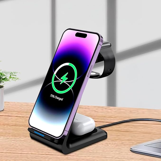 3-in-1 Magnetic Wireless Charger – Fast Charging Dock for iPhone, Apple Watch & AirPods – Foldable Stand with USB-C Cable (Black)