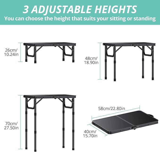 VINTEAM Camping Folding Table with Adjustable Height, Lightweight Portable Outdoor Picnic Table, BBQ Grill Side Table, Durable Aluminum Frame, MDF Desktop for Camping, Fishing, RV, Beach (Black)