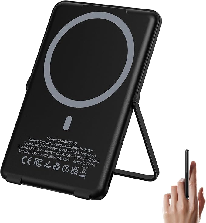 0.3" Ultra Slim Magnetic Power Bank, 5000mAh Wireless Portable Charger with Foldable Stand and USB C Cable, Fast Charging Magnetic Battery Pack Compatible with iPhone 16/15/14/13/12,Travel Essentials