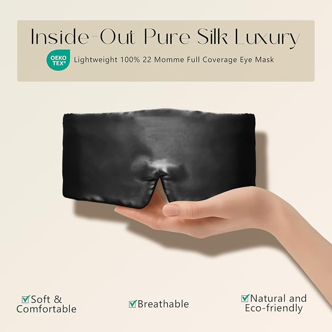 ZIMASILK 100% 22 Momme Mulberry Silk Sleep Mask - Full Silk Filled, Ultra-Soft & Breathable, Face-Hugging Blackout Eye Cover for Sleeping (Black)