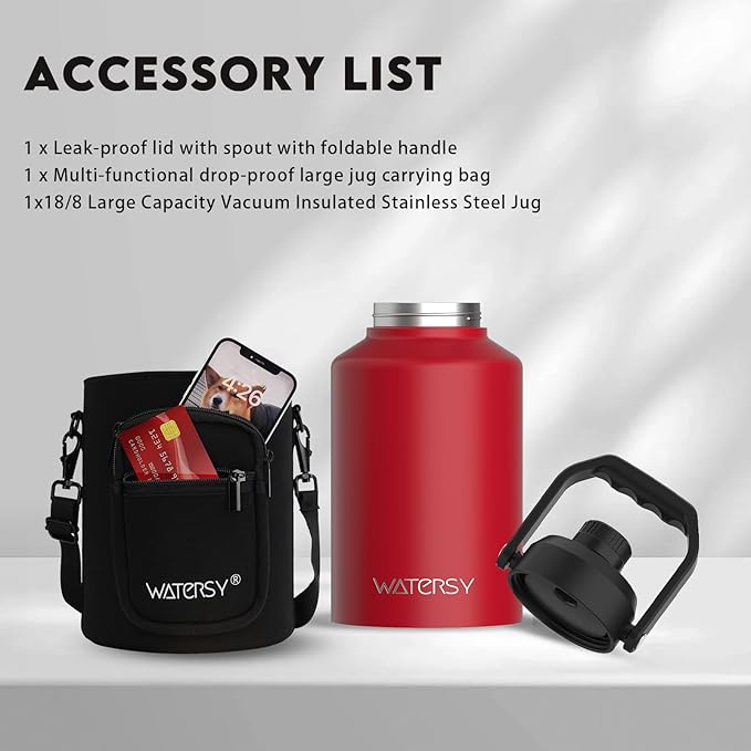 WATERSY 1 Gallon Water Bottle Insulated(Cold for 48 Hrs),BPA Free&Leak Proof,128oz Stainless Steel Water Jug,Big thermo,Large Water Bottle with Handle for Gym,Hiking,Camping&Travel,Red
