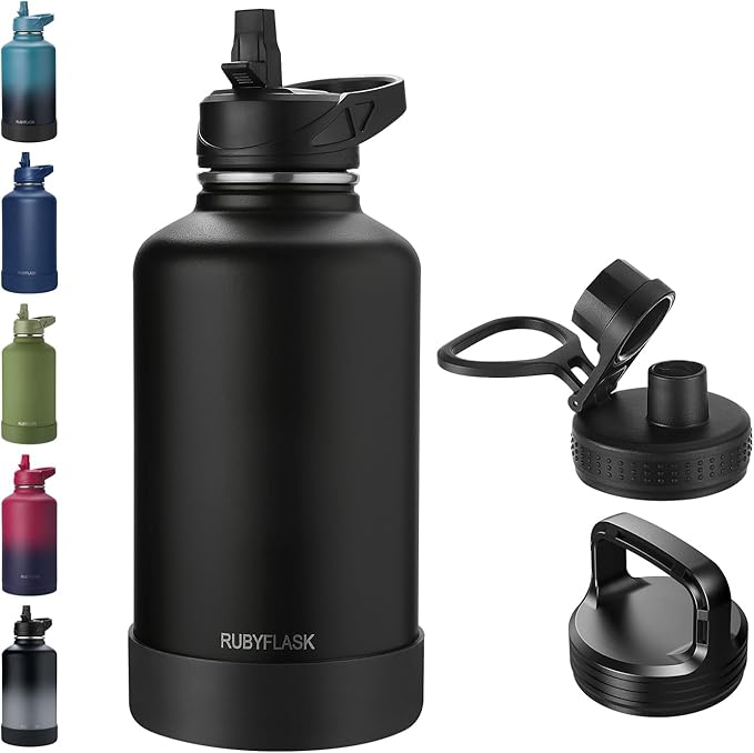 64oz Insulated Water Bottle with Straw, Half Gallon Stainless Steel Vacuum Water Jug, Large Thermal Water Bottle Flask with Leakproof 3 Lids for Travel, Camping, Gym Sports Black