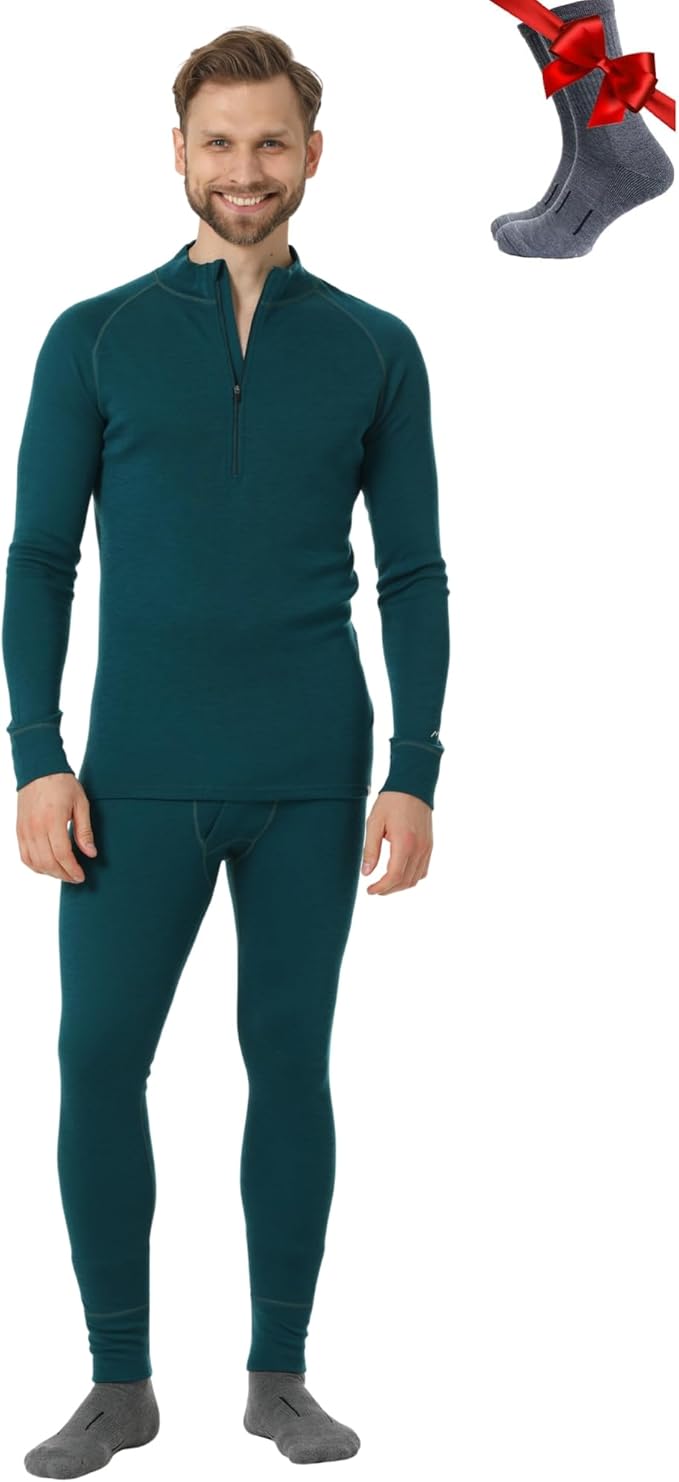 Merino.tech Men’s Merino Wool Base Layer Set – Zip-Up Heavyweight, Midweight Thermal Top & Bottom