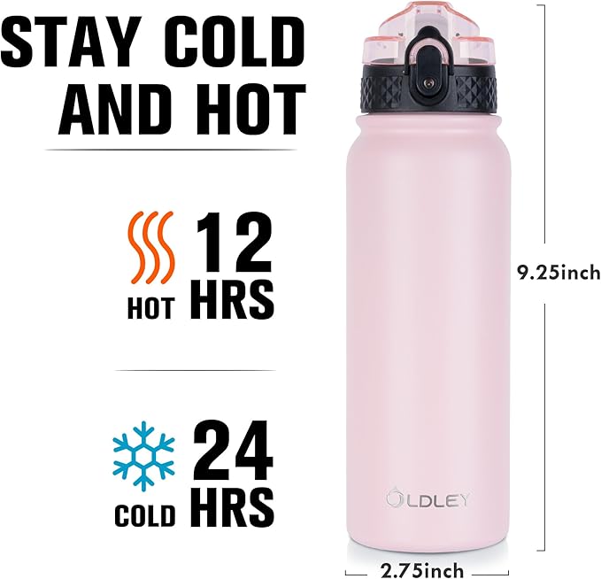 Oldley Insulated Water Bottle 20oz Water Bottles with Straw, Stainless Steel Water Bottle with 3 Lids, Double Wall Vacuum Bottles for Adult Kids, Sports Bottles for School Travel, Pink