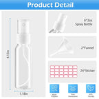 Spray Bottles, 2oz/50ml Clear Empty Fine Mist Plastic Mini Travel Bottle Set, Small Refillable Liquid Containers with 2pcs Funnels and 24pcs Labels (6 Pack)