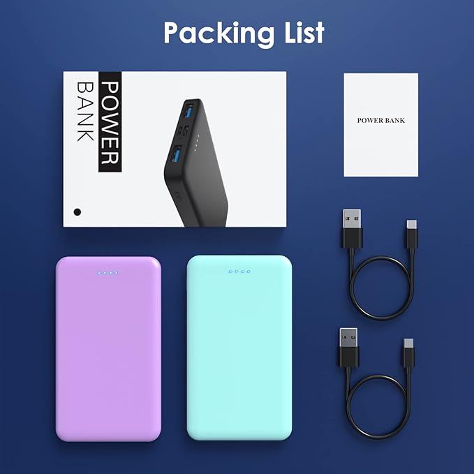 [2 Pack] Portable Charger Power Bank 10000mAh,Ultra Slim Compact External Battery Pack with USB C Input & Dual USB Outputs Backup Charger Compatible with iPhone 13,12, Samsung S20,Tablet-Green+Purple