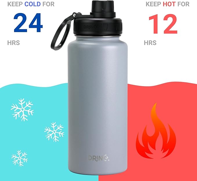 DRINCO Stainless Steel Water Bottle Spout Lid Vacuum Insulated Double Wall Water Bottle Wide Mouth (40oz 32oz 22oz 18oz 14oz) Leak Proof Keeps Cold or Hot (32 oz, 32oz Asphalt Gray)