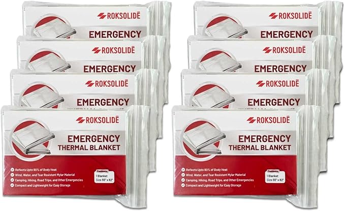ROKSOLIDE Emergency Blankets | Mylar Thermal Blanket, Essential Survival Gear for Emergency Kits. Ultralight Reflective Foil Blanket for Camping or Cold Weather. Size 55" x 82", Silver, 8-Pack