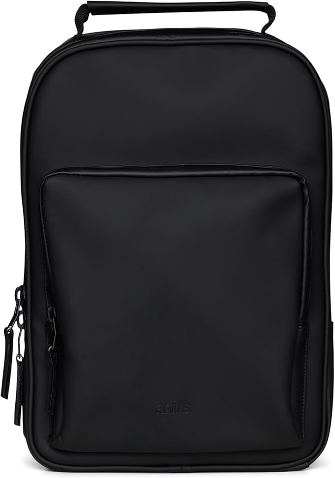 RAINS Book Daypack - Black Laptop Backpack for Men and Women, Waterproof Black Minimalist Commuter Bag with 15” Laptop Room, Front Zip Pocket - 2 Year Warranty
