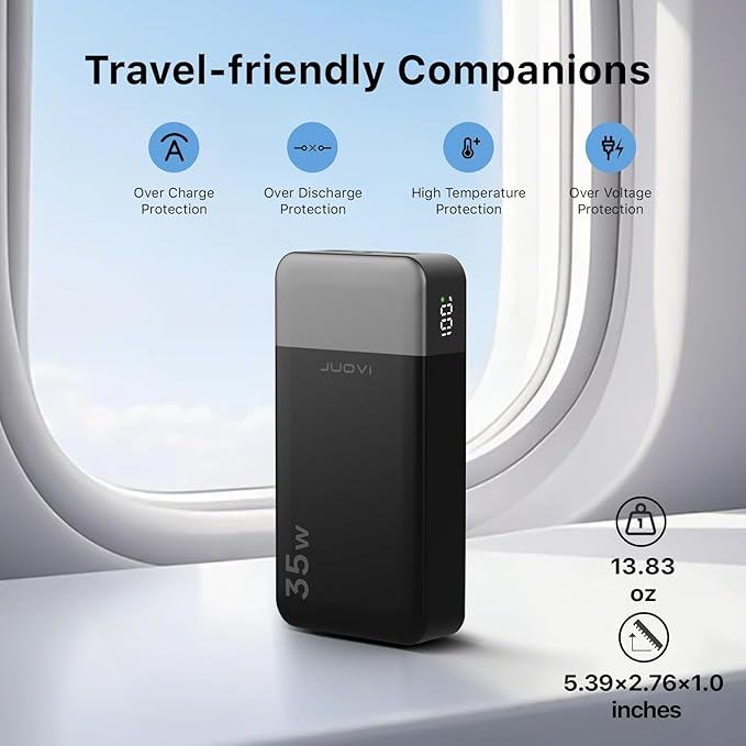 JUOVI Power Bank Portable Charger 20000mAh 35W Fast Charging，PD 3.0 QC 4.0 Phone Charger with LED Display, Travel Battery Pack 2 USB C 2 USB A Ports for iPhone 16/15/14 Series, Galaxy, iPad