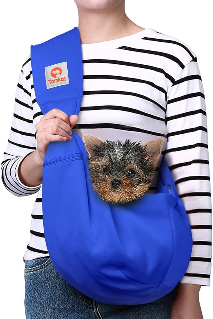 Tomkas Small Dog Cat Sling Carrier Puppy Purse Travel Wrap Soft Crossbody Pet Bag (Royal Blue, M - Zip Pocket & Adjust Strap)