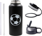 32 oz Soccer Water Bottle, Wide Mouth Sports Flask Travel Tumbler with 2 Lids, Stainless Steel Double Wall Vacuum Leak Proof Insulated Water Bottles, Soccer Stuff Gifts for Mom Men Boys Girls Player