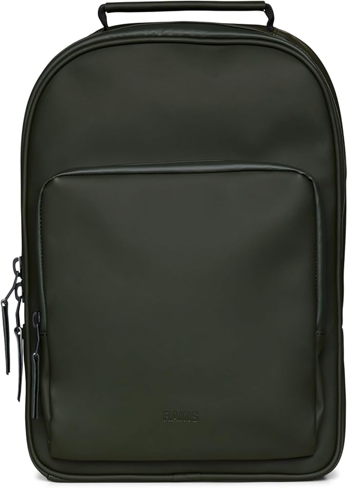 RAINS Book Daypack - Green Laptop Backpack for Men and Women, Waterproof Black Minimalist Commuter Bag with 15” Laptop Room, Front Zip Pocket - 2 Year Warranty