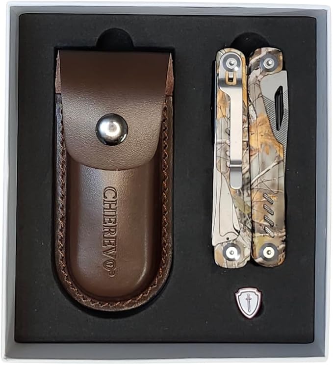 Cherev Tools 19-in-1 Multitool Pliers - Survival Gear Multi Tool with Pocket Knife, Wire Cutter, Ruler, Nail File, Can & Bottle Opener, Cutter, Scissors, Screwdrivers, Self-Driver Bits - Camo Finish