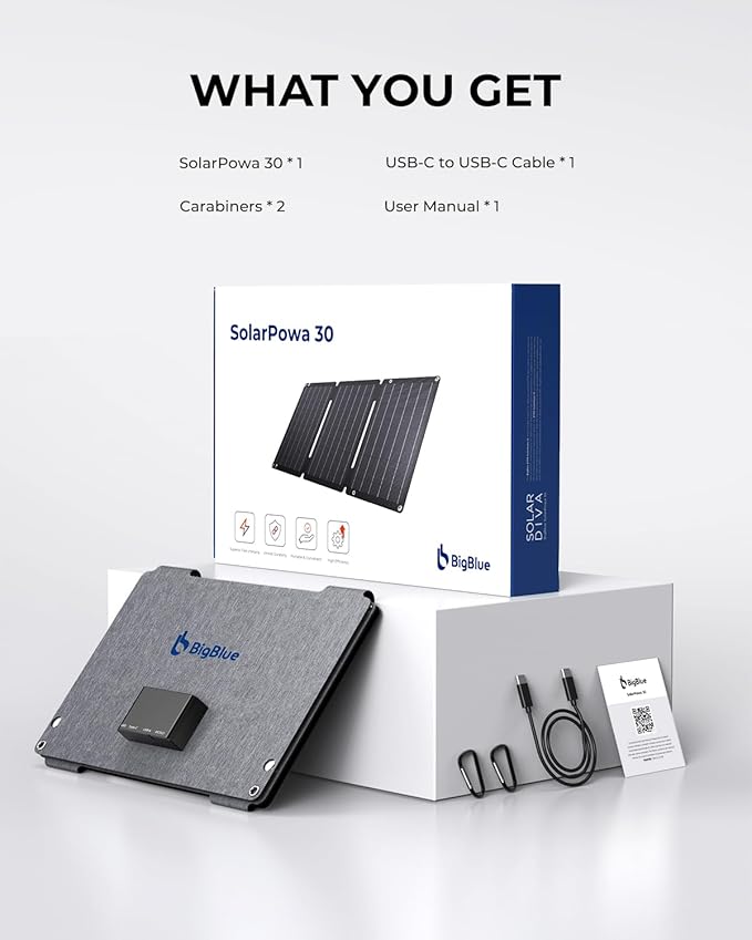 [Upgraded] BigBlue 30W Solar Panel Charger with Fast Charging USB-A and USB-C, DC Ports, SolarPowa 30 Portable Solar Panel, IP68 Waterproof, Compatible with iPhone, Samsung, iPad, Small Power Station