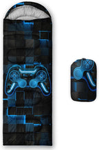 Axolotl Gamepad Sleeping Bag,3 Season Warm and Cool Weather Game Console Sleeping Bag for Boys Teens,Waterproof Lightweight Geometry Hexagonal Sleeping Bag for Traveling,Outdoors Camping,Blue,Black