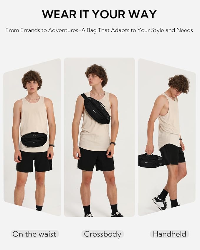 WATERFLY Fanny Pack Waist Bag: Large RFID Blocking Crossbody Bags with Multi-Pockets, Breathable Casual Anti-Theft Hip Pouch for Women Men Traveling Walking Hiking-Black