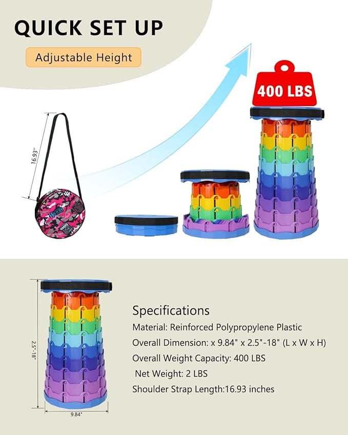 Upgraded Collapsible hickened Portable Camping Stool with Adjustable Height and Retractable for Fishing, Hiking, BBQ, Concert Party, Outdoor (Rainbow Blue)
