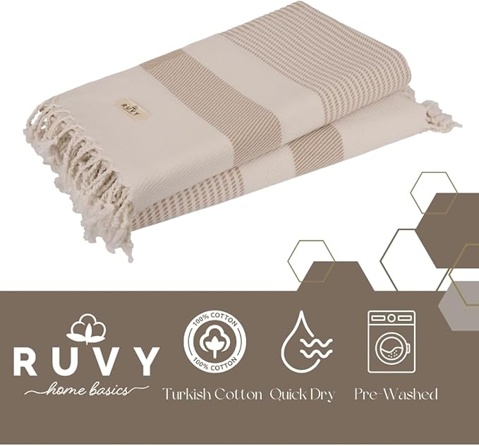 Ruvy Home Basics 2 Pack Turkish Beach Towels – Oversized Quick-Dry Bath Towels (40 x 72 Inches) – 100% Cotton Large Towels for Pool, Yoga, Travel, Camping Essentials, and Bathroom Decor - Beige