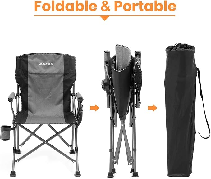 XGEAR Camping Chair with Padded Hard Armrest, Sturdy Folding Camp Chair with Cup Holder, Storage Pockets Carry Bag Included, Support to 400 lbs