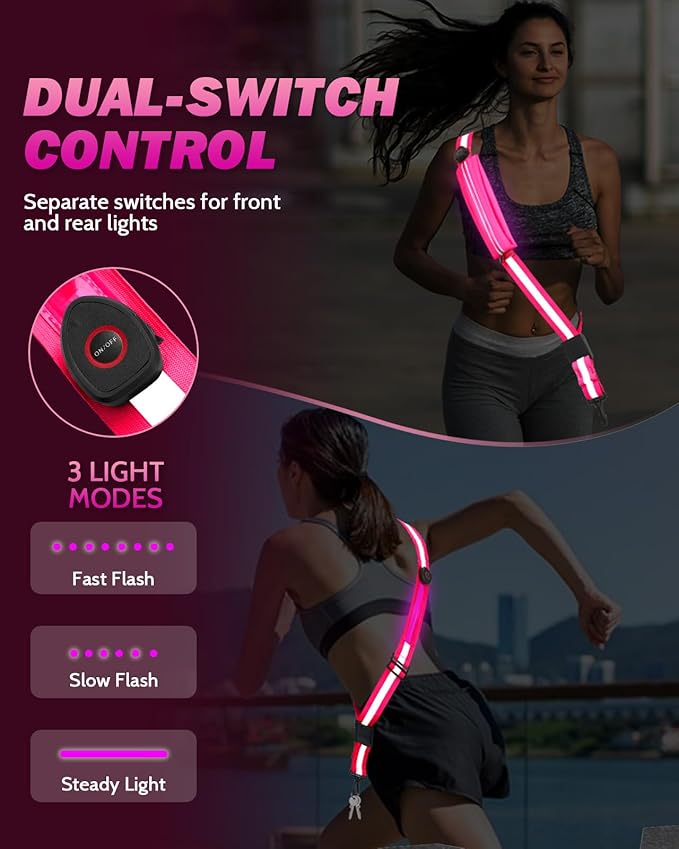 LED Reflective Belt Sash - 5 Lights Colors & 3 Light Modes High Visibility Night Safety Belt, Rechargeable Light Up Running Gear Adjustable Vest Straps for Runners Walkers Men Women