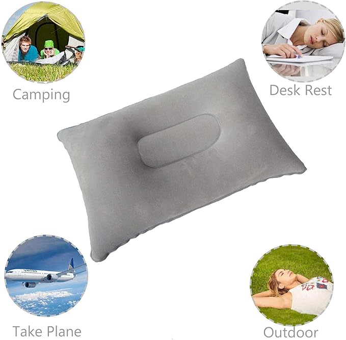 2 Pack Ultralight Inflatable Pillow Small Squared Flocked Fabric Air Pillow Beach Pillow for Hiking,Camping,Traveling,Napping,Desk Rest,Neck Lumbar Support(Gray)