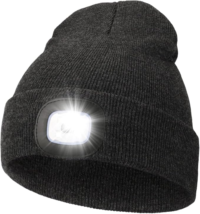 MELASA Unisex Hat with Light, USB Rechargeable Hands Free Headlamp LED Beanie, Winter Gifts for Men Dad Father Husband Him