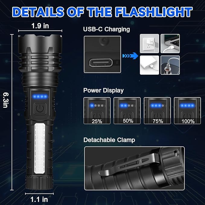 3Pack Rechargeable Flashlights, 7Mode Flashlights High Lumens, Super Bright LED Flashlight, Adjustable Tactical Flash Light, High Powered Flash Light, Handheld Flashlight for Home Emergency Camping
