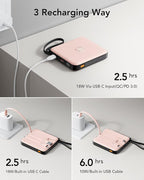 VRURC Mini Portable Charger, 22.5W USB C Fast Charging 10000mAh Pocket Power Bank with Built-in Cable, Battery Pack for iPhone 16 15 14 13 Samsung Galaxy S23 S22 Google Android, Pink(1 Pack)