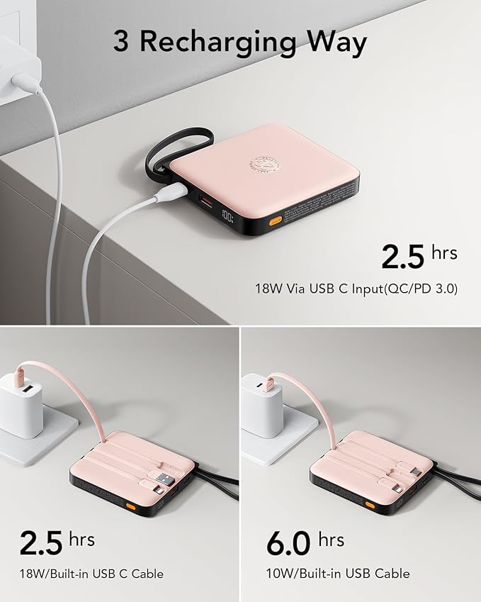 VRURC Mini Portable Charger, 22.5W USB C Fast Charging 10000mAh Pocket Power Bank with Built-in Cable, Battery Pack for iPhone 16 15 14 13 Samsung Galaxy S23 S22 Google Android, Pink(1 Pack)
