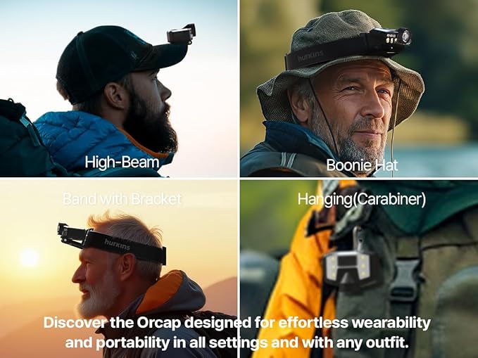 Orcap 2025 Edition – 120° Wide Beam Headlamp & Cap Light, 1000 Lumens, 4 Light Modes (White & Red), USB-C Rechargeable, IPX5 Waterproof, Lightweight LED for Camping, Work, Running