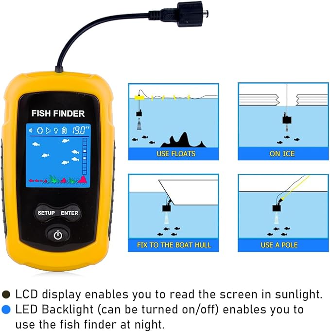 Portable Fish Finder Ice Kayak Fishing Gear Water Depth Finder Handheld Fishfinder with Sonar Transducer and LCD Display