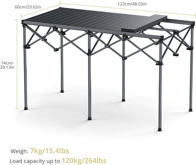 Heavy-Duty Camping Table Support 264lbs, 48” x 23.6” Large Roll Up Camping Table for 6-8 People with Carry Bag, Waterproof, Portable, for Backyard BBQ Tailgating Picnic Party, Black