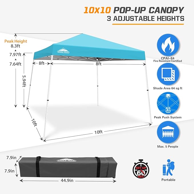 EAGLE PEAK 10x10 Slant Leg Pop-up Canopy Tent Easy One Person Setup Instant Outdoor Beach Canopy Folding Portable Sports Shelter 10x10 Base 8x8 Top (Light Blue)