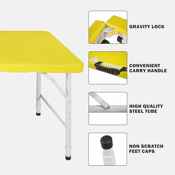 4 FT Folding Table with Carry Handle, Portable Fold-in-Half Plastic Table, Rectangle Foldable Table for Indoor/Outdoor Yellow