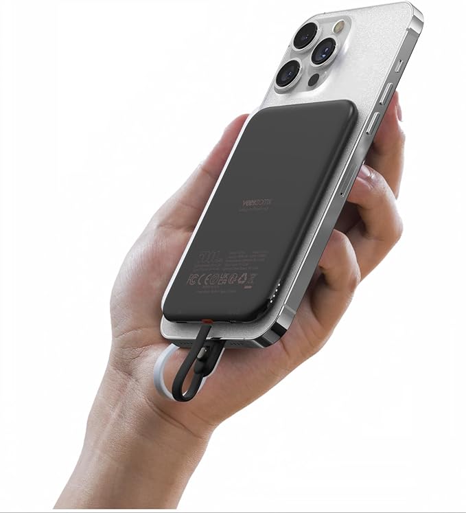 VEEKTOMX Slim Portable Charger, 5000mAh Lightweight Power Bank with Wired USB C Cable, Ultra Thin Battery Pack Compatible with iPhone 15/Plus/Pro/Pro Max/Samsung/Android(Non-Wireless Charging), Black