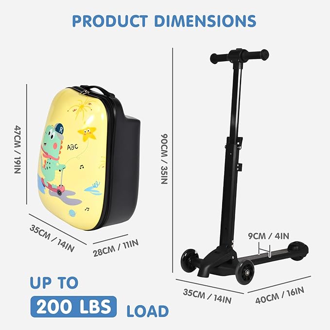 smilesun 4-in-1 Detachable Scooter Luggage for Kids & Teens, Hardside Ride-On Suitcase with Dinosaur Design, Lightweight Foldable, Perfect Travel Gift for Boys(Yellow 22-inch)