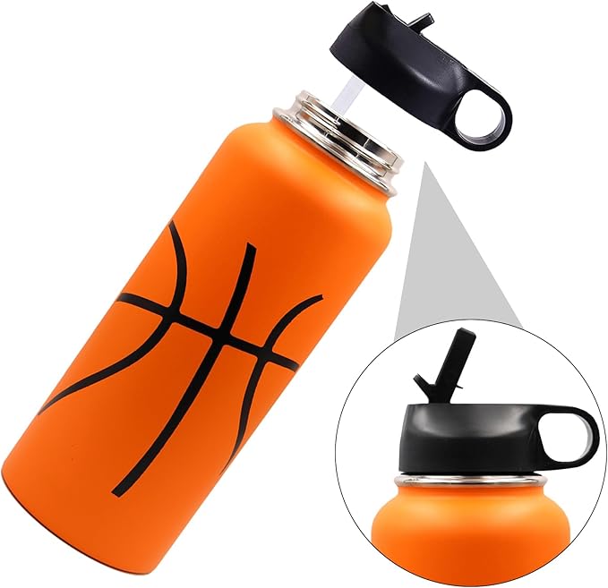 40 oz Basketball Water Bottle, Sports Flask Metal Thermal Travel Mug with 2 Lids, Stainless Steel Double Wall Vacuum Insulated Leak Proof Water Jug, Basketball Accessories Stuff Gifts for Boys Girls