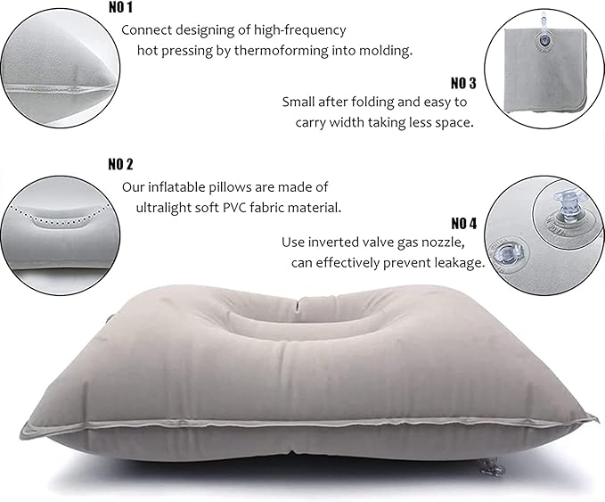 2Pack Ultralight A4 Size Inflatable Travel Pillow, Small Squared Flocked Fabric Air Pillow for Traveling, Holiday Trip, Hiking, Camping,Napping,Neck Lumbar Support(Gray)