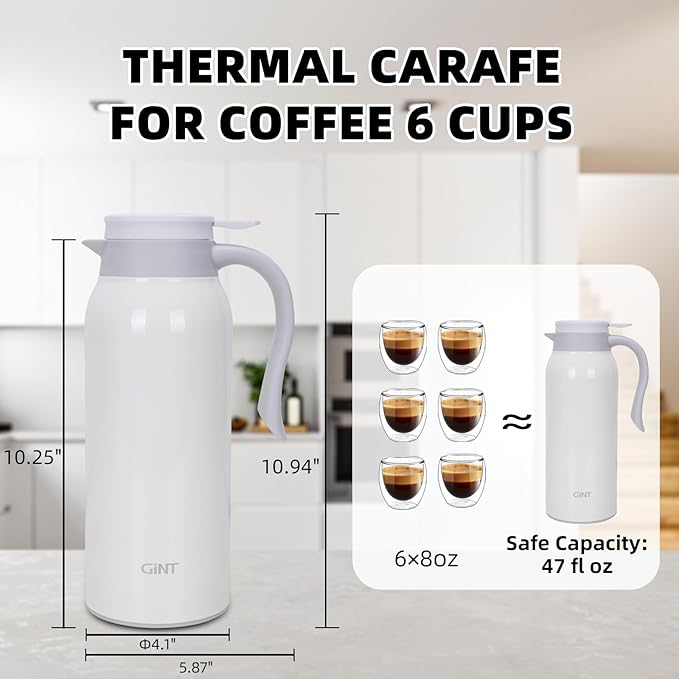 GiNT 51 Oz Stainless Steel Thermal Coffee Carafe, Double Walled Vacuum Insulated Flask, 12 Hour Heat Retention, 1.5 Liter Tea, Water, and Coffee Dispenser (Upgraded version White)