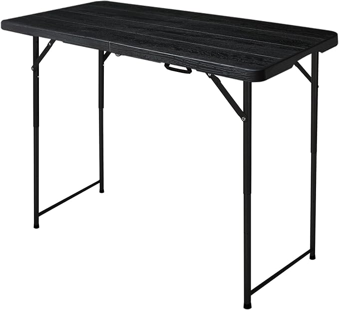 4ft Folding Table, Portable Fold-in-Half Adjustable Height Utility Table for Indoor/Outdoor Use, Durable HDPE & Steel, Stable & Lightweight, Multi-Purpose, Black Woodgrain
