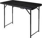 4ft Folding Table, Portable Fold-in-Half Adjustable Height Utility Table for Indoor/Outdoor Use, Durable HDPE & Steel, Stable & Lightweight, Multi-Purpose, Black Woodgrain